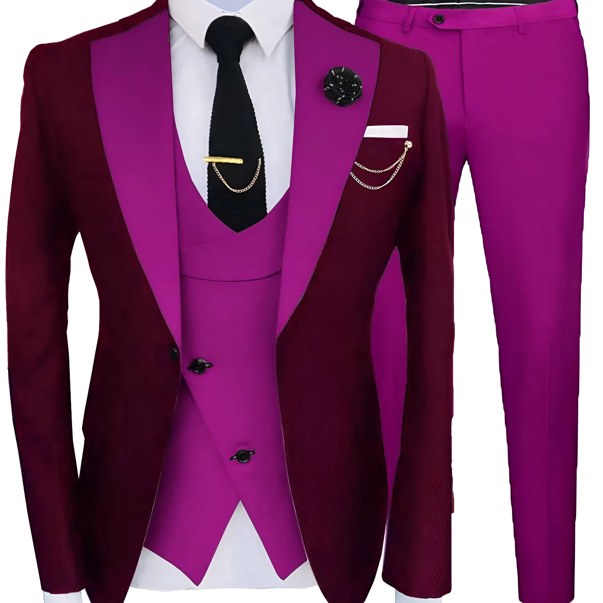 Men's slim fit cotton three-piece wedding suit in dark navy with coat, pants, and vest