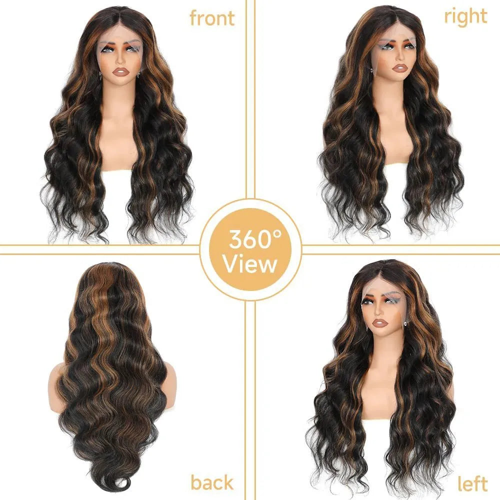 M1559 1B/30# brown medium long curly wig with big waves on a mannequin, front lace design