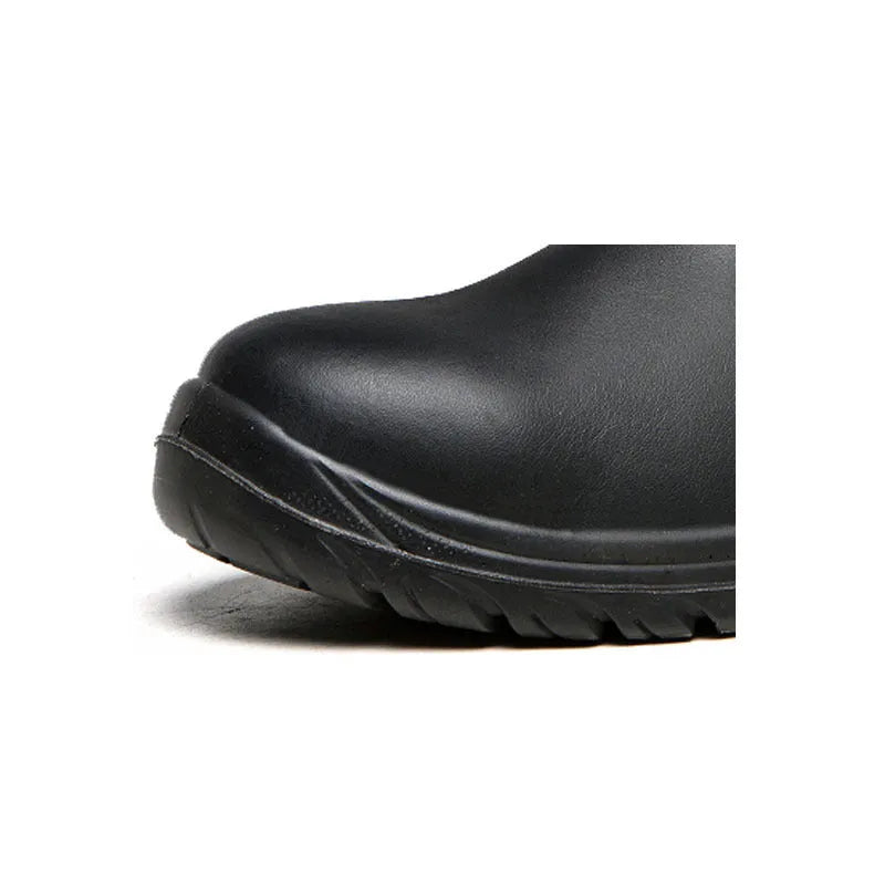 Black leather high-top safety boots with anti-piercing protection for workplace use
