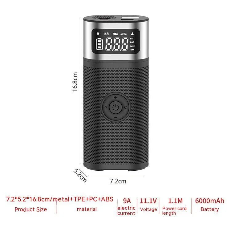 Black portable wireless air pump with USB charging cable, inflation tube, and a set of nozzles on a grey background.