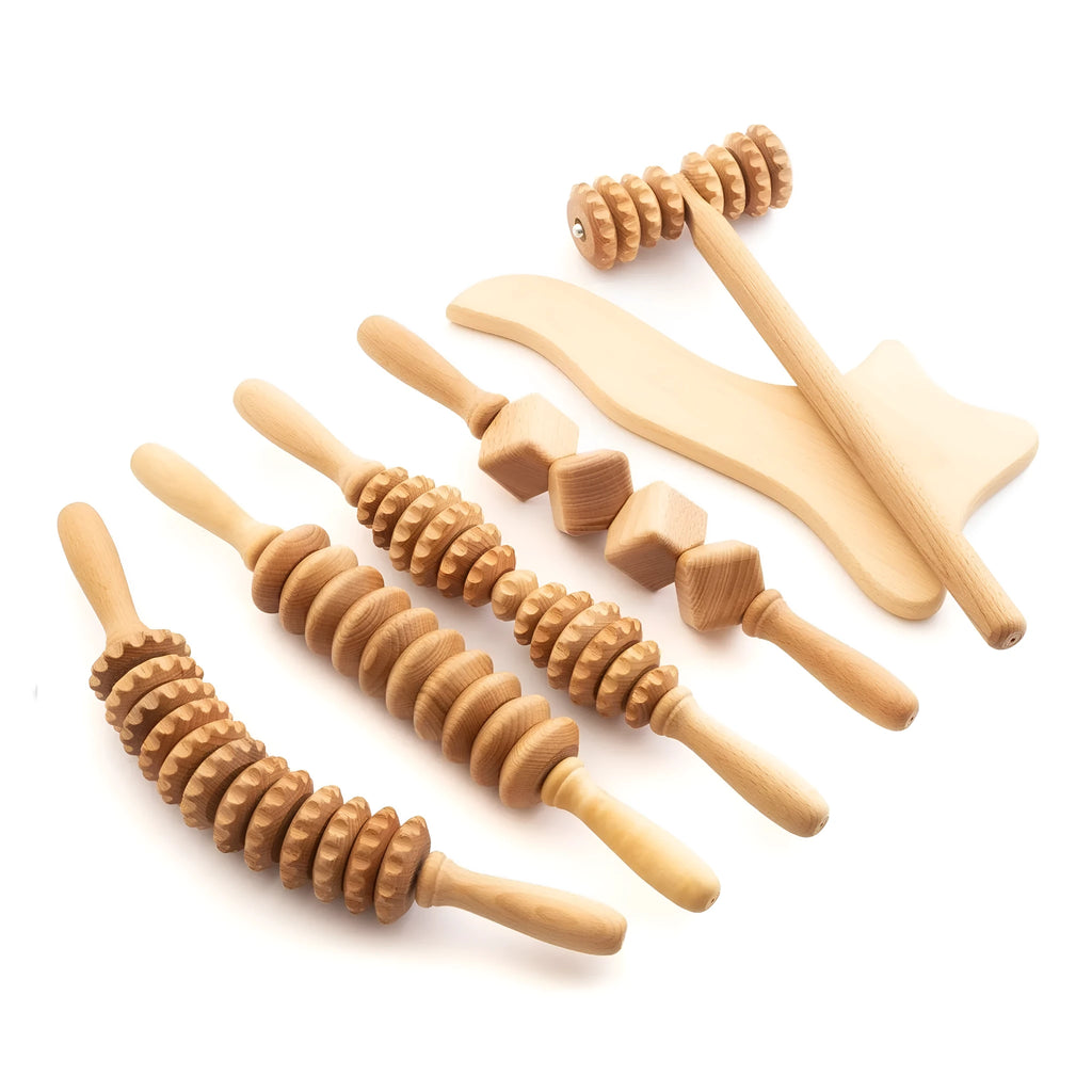 Set of natural beech wood massage rollers including T-shaped, 9-wheel, 12-wheel, and 13-wheel designs.