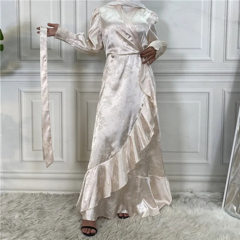 Women's patchwork satin Muslim dress in green with printing pattern and collage stitching