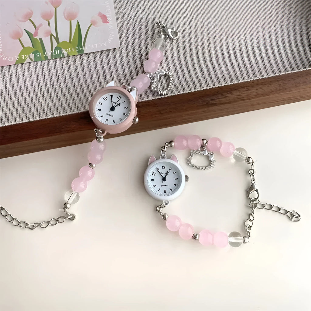 Women's chain watch with cat ear frame in silver, 8mm thickness, casual style