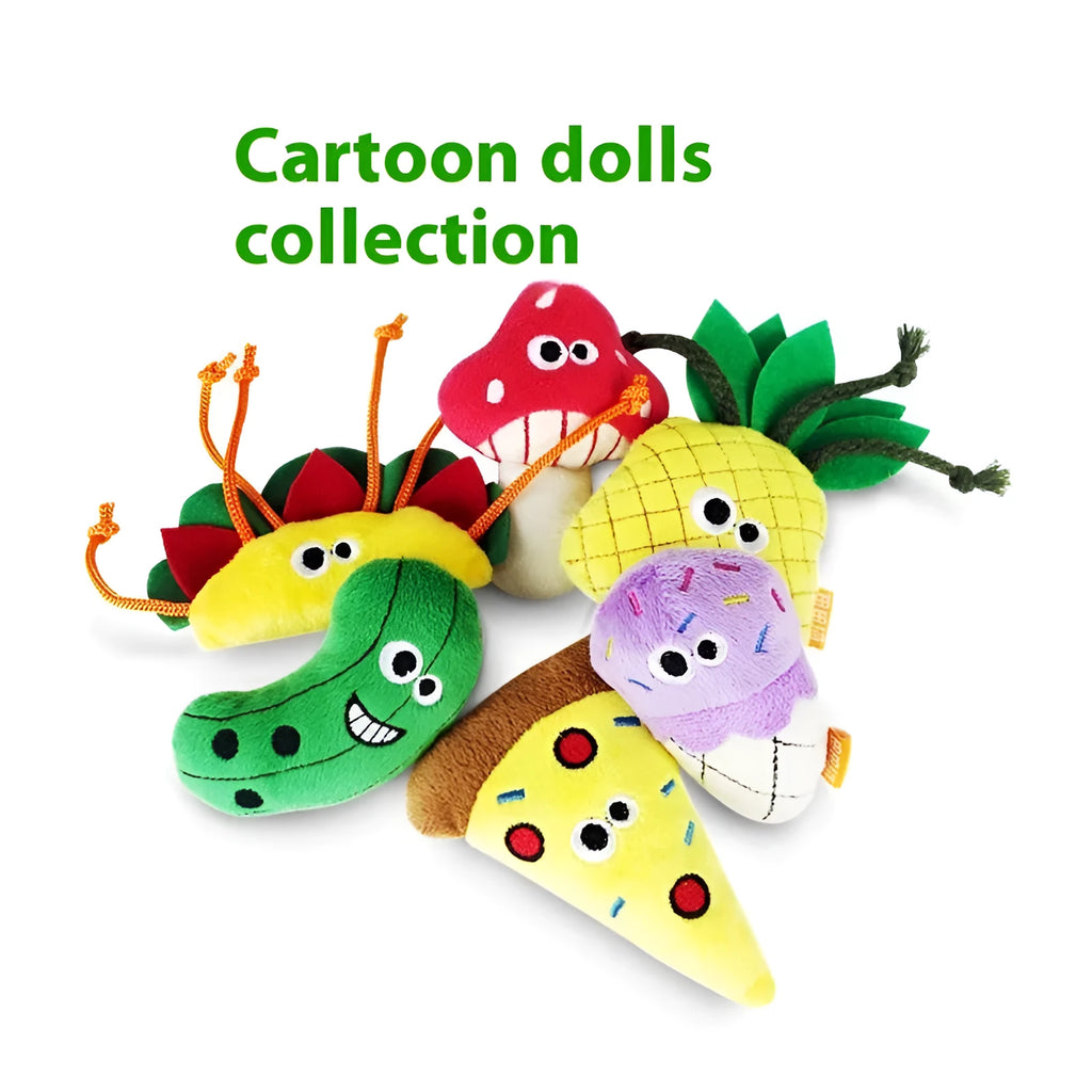 Colourful catnip plush toy shaped like a pizza, part of a set of six food-themed molar toys for cats.