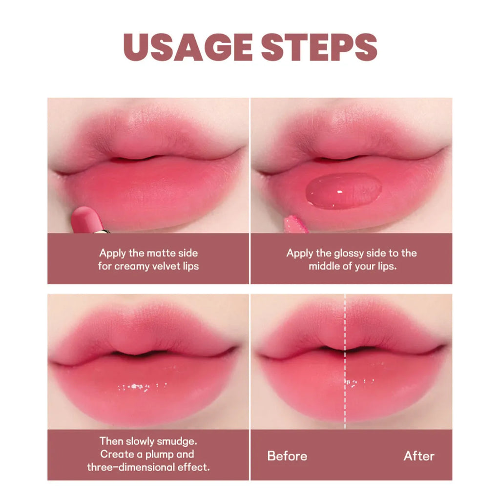 Double-headed matte lipstick and lip gloss cosmetic stick in one of ten available colours.