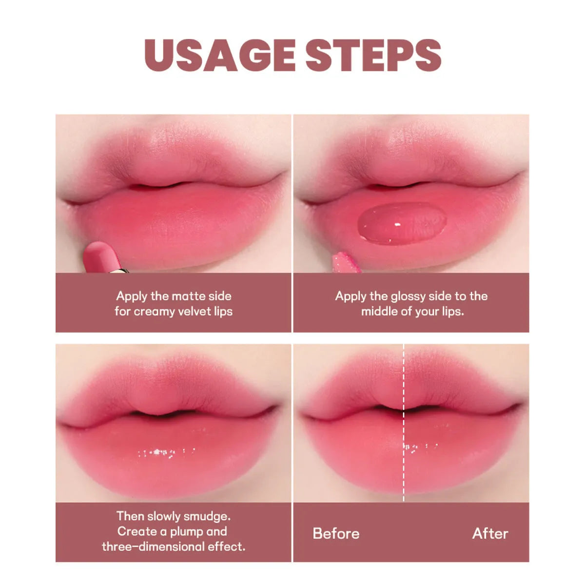 Double-headed matte lipstick and lip gloss cosmetic stick in one of ten available colours.
