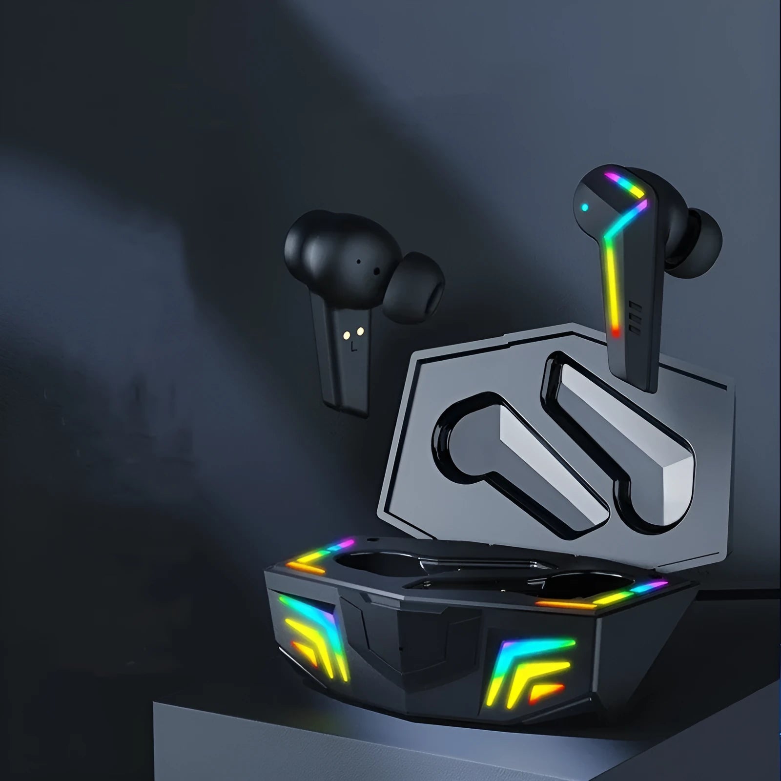 Black True Wireless Stereo sports Bluetooth headset with low-latency gaming mode.