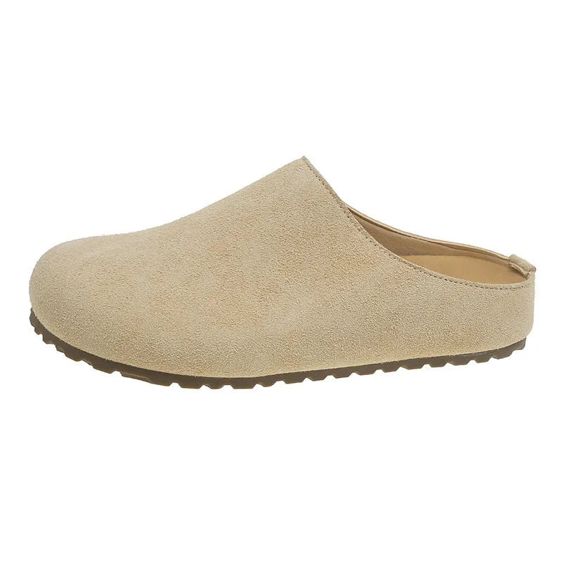 Korean style square toe slippers in apricot, khaki, camel, and brown colours on a soft microfibre upper with PU sole.