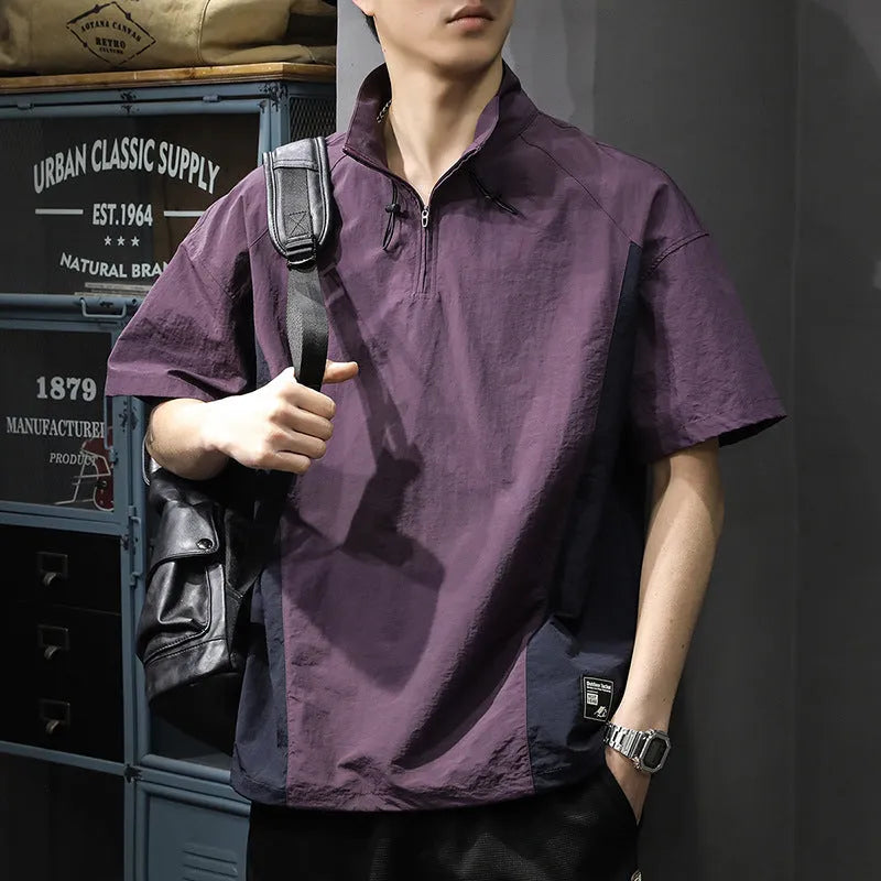 Brown men's half-zip stand collar casual shirt made from Ice Silk fabric, showing the front zip and short sleeves.