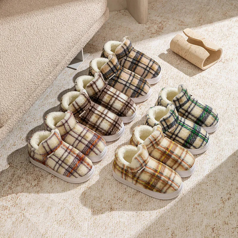 Indoor home slippers with non-slip PVC sole and plush upper in yellow, green, purple, gray, coffee colours, round toe, shoe-cover style