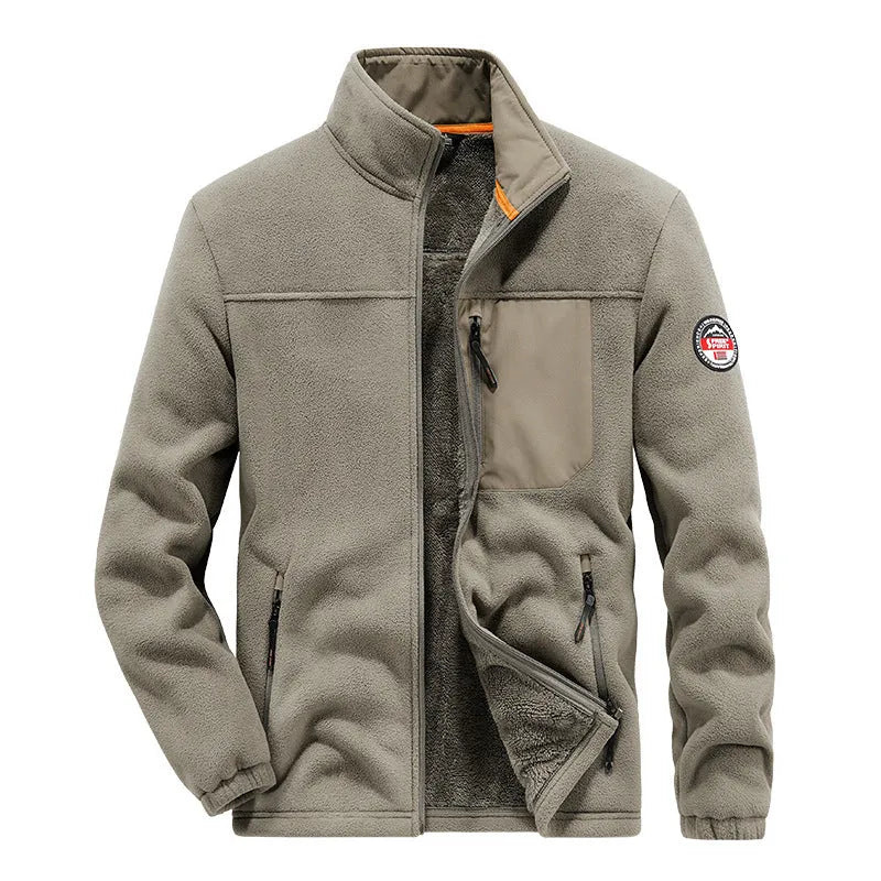 Men's grey fleece cardigan jacket with zippered pockets, shown on a model.