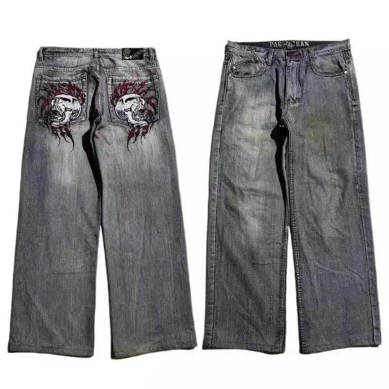 Grey wide-leg jeans with retro washed appearance and straight-leg opening