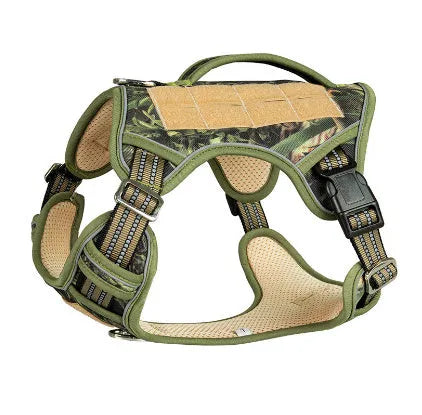 Black Oxford cloth tactical chest strap for a large search and rescue working dog.