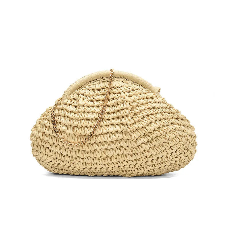 Women's khaki paper straw shoulder bag with chain strap and shell shape showing internal zippered compartment
