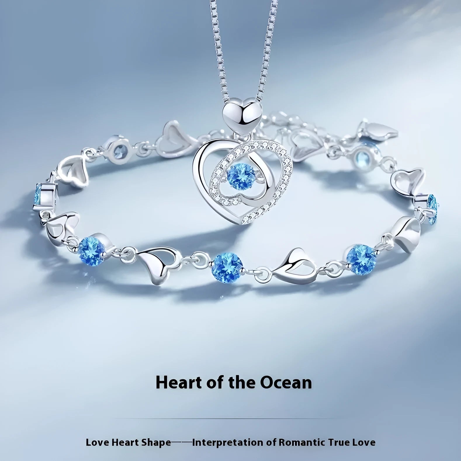Blue diamond electroplated necklace and bracelet set with geometric heart pendant and mixed gem inlay