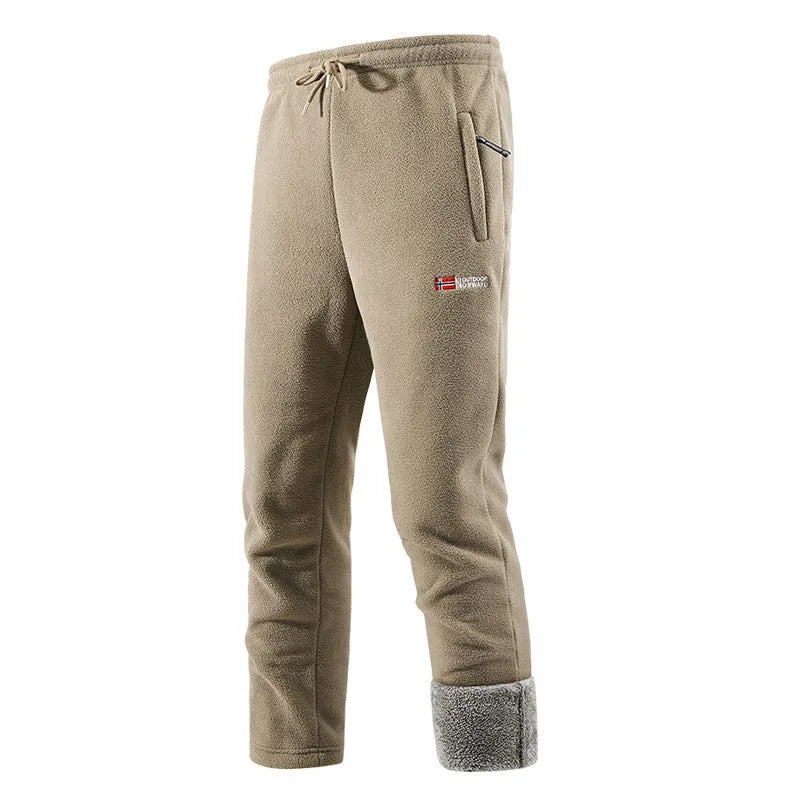 Fleece-lined flared trousers for women in khaki colour with low waist and patchwork design
