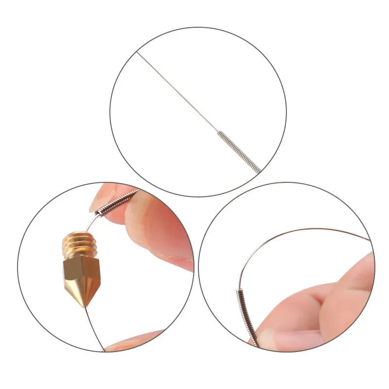 Ten metal cleaning needles for 3D printer nozzles, compatible with MK8 and E3D hotends