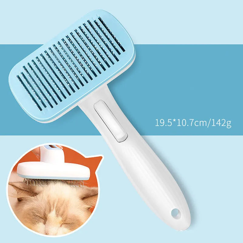 Automatic pet hair removal comb in blue colour with one-click system for dog and cat grooming