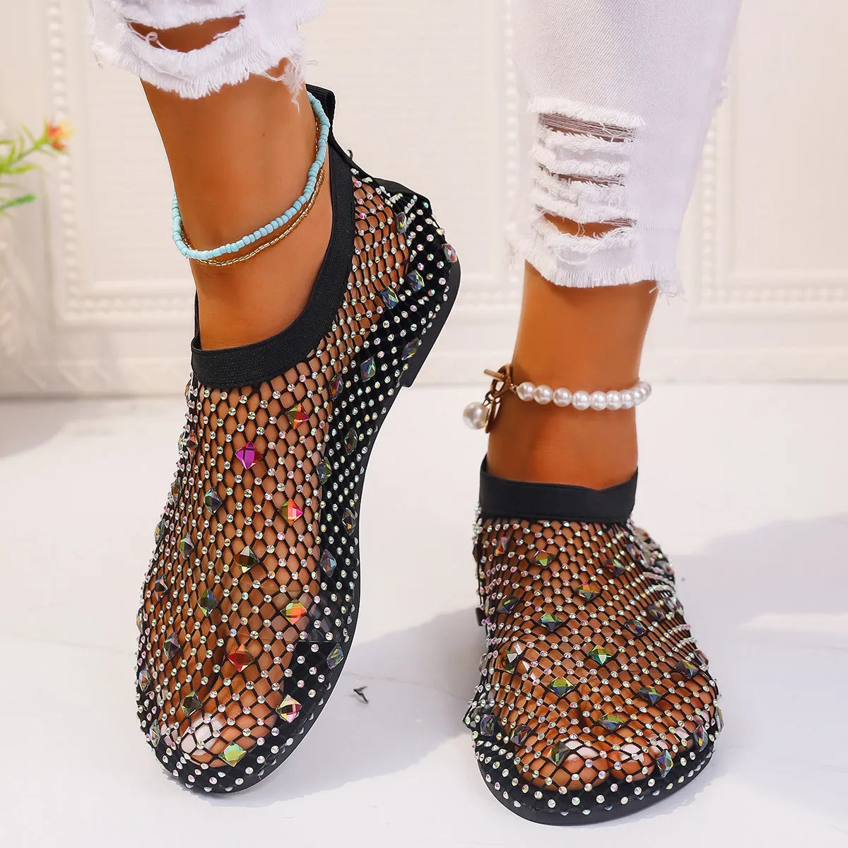 Women's colourful rhinestone mesh flat sandals with round toe design on rubber sole