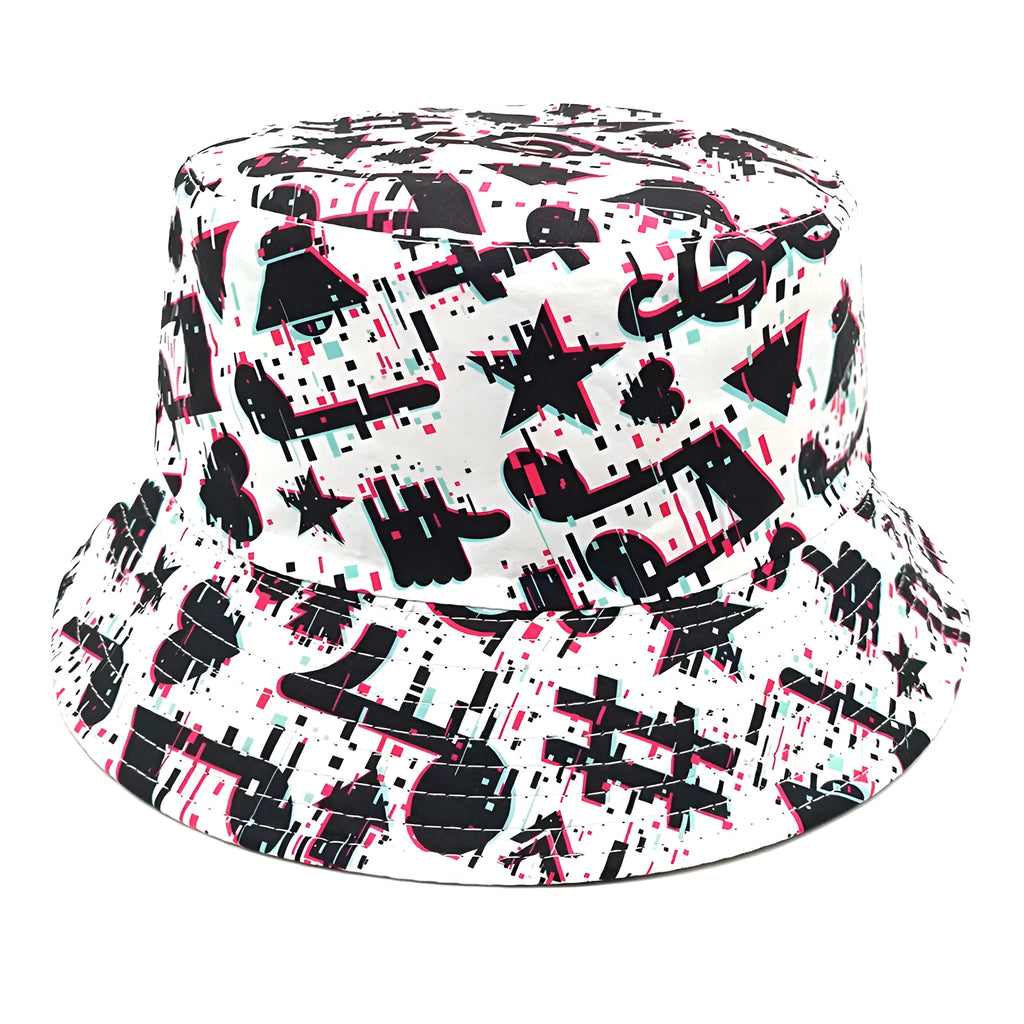 Bucket hat with musical note pattern in retro style, dome crown construction, polyester fabric