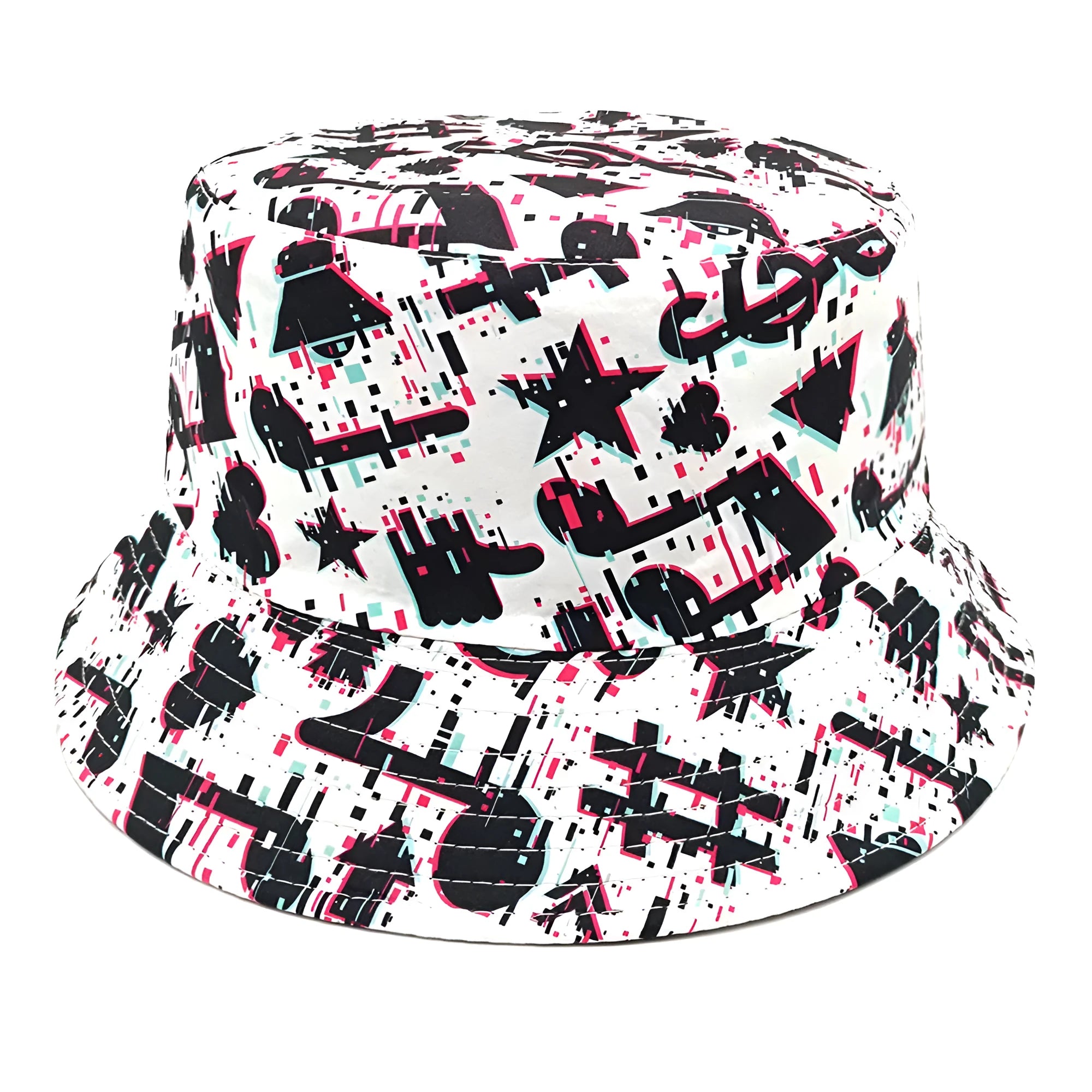 Bucket hat with musical note pattern in retro style, dome crown construction, polyester fabric