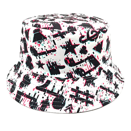 Bucket hat with musical note pattern in retro style, dome crown construction, polyester fabric