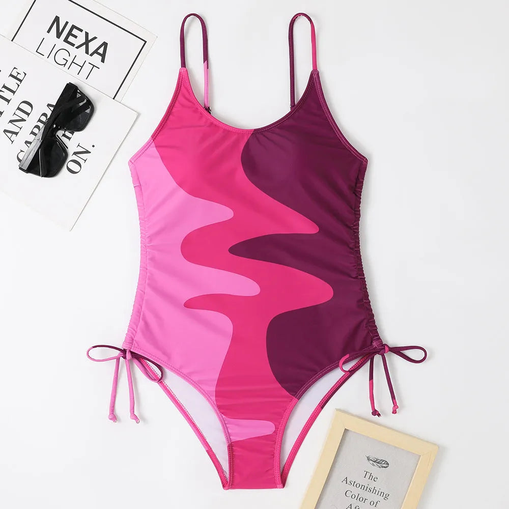 Women's sleeveless backless one-piece swimsuit in blue, purple, brown, or green colours