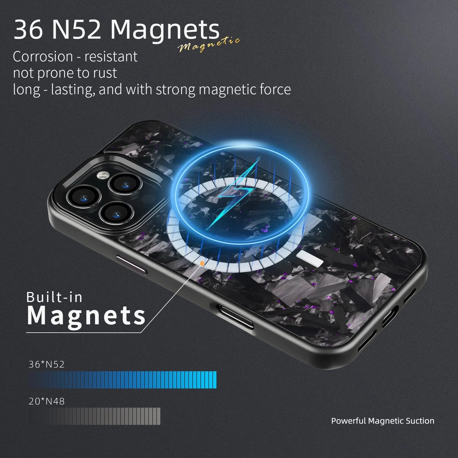 Black frame blue gold metal and carbon fibre protective case for iPhone 17 with a magnetic feature and forged pattern design.