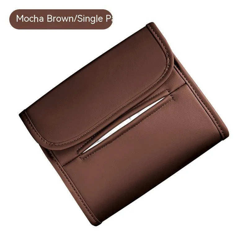 Leather car tissue box holder with elastic band button mounting on car sun visor