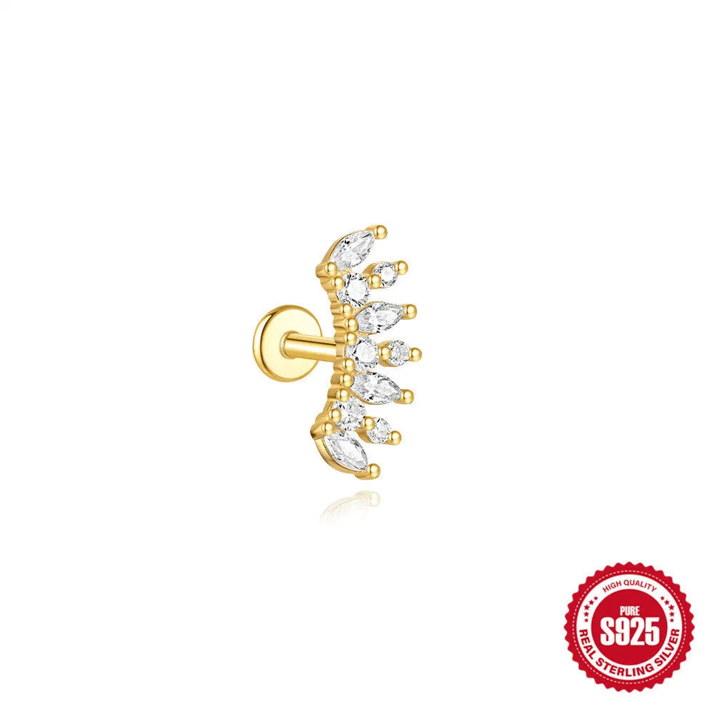 S925 sterling silver water drop shaped earring with a flat spiral puncture pattern, in a gold tone finish.