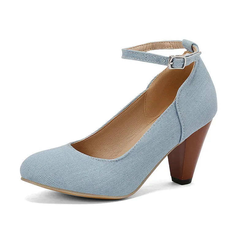 Women's blue denim platform high heels with an ankle buckle and waterproof sole.