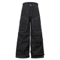 Black multi-pocket pleated workwear denim jeans with mid waist and zip placket