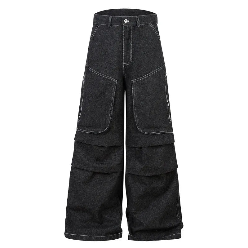 Black multi-pocket pleated workwear denim jeans with mid waist and zip placket