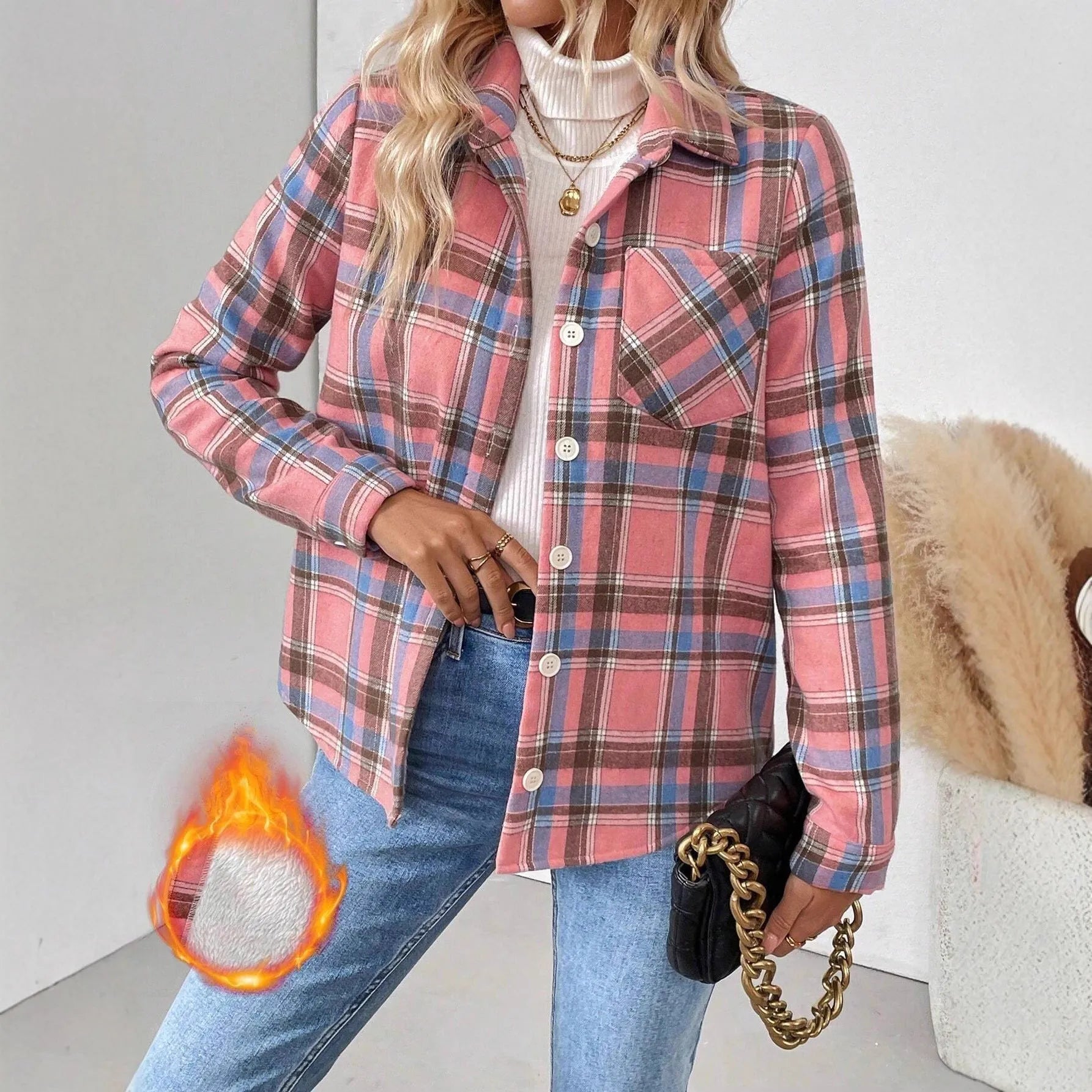 Woolen woven plaid button shirt collar jacket top in brown, front view, with pocket detail, polyester construction