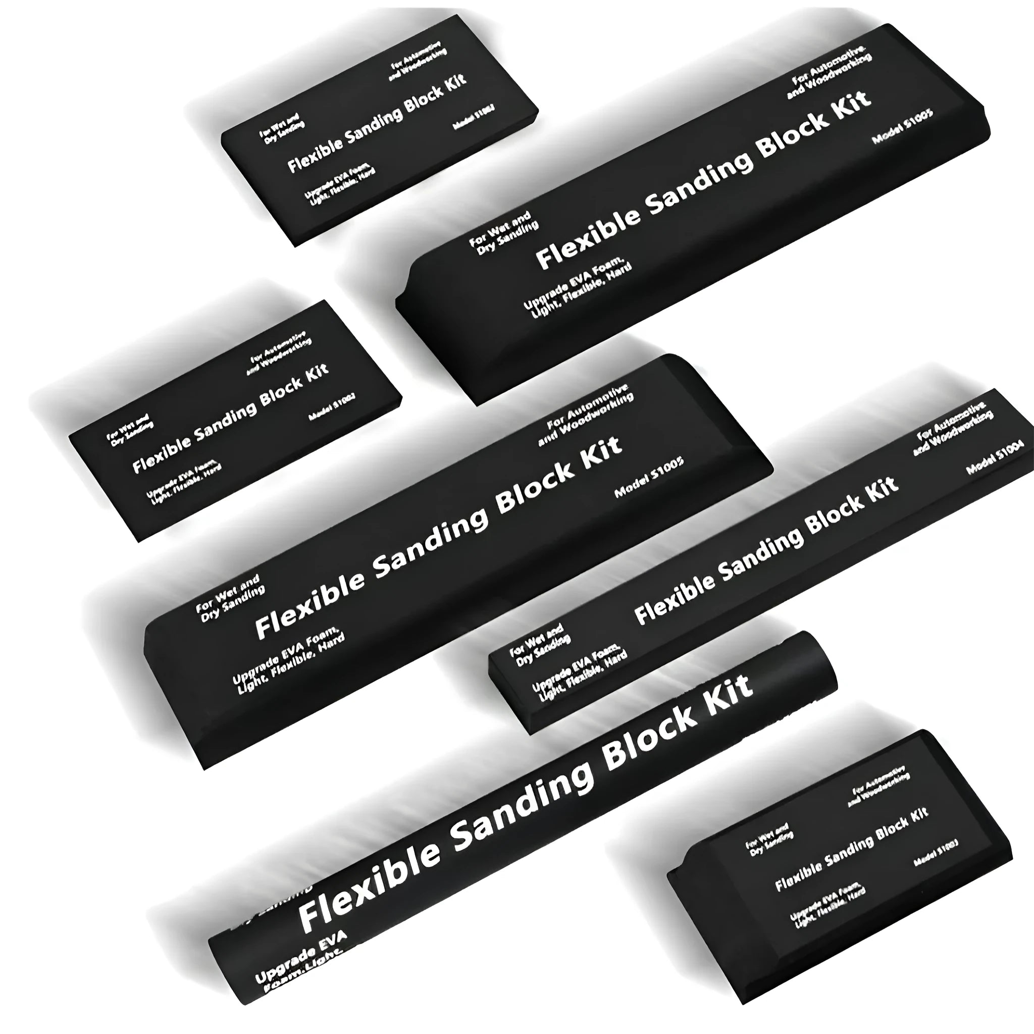 Set of seven black frosted metal EVA display blocks arranged together.