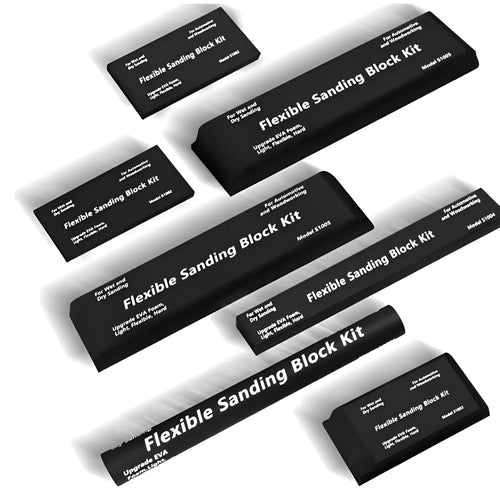 Set of seven black frosted metal EVA display blocks arranged together.