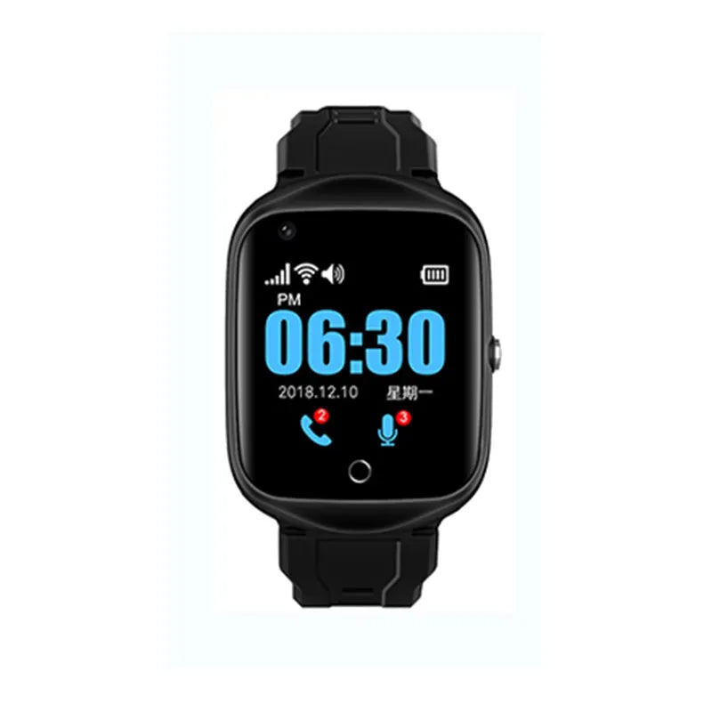 Elderly smartwatch with square 1.3-inch screen and silicone strap shown in black colour