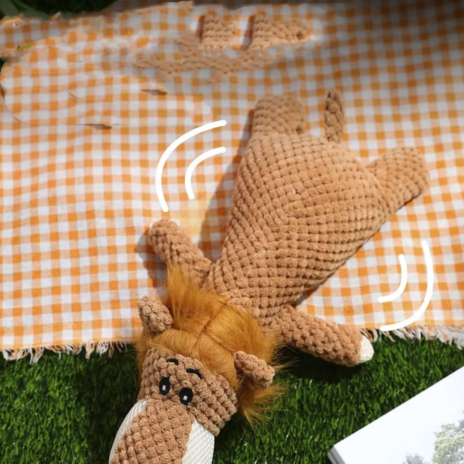 Colourful plush dog chew toy with corn kernel texture and animal shape for teeth grinding and interactive play.