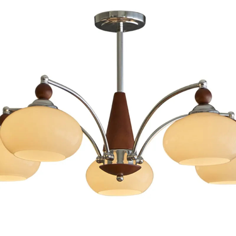 Creative persimmon glass chandelier with chrome frame and multiple glass shades in milky white or cream yellow.