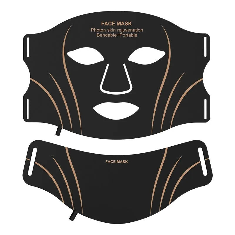 Black gold IPL LED facial mask device with headband and touch screen on a white background.