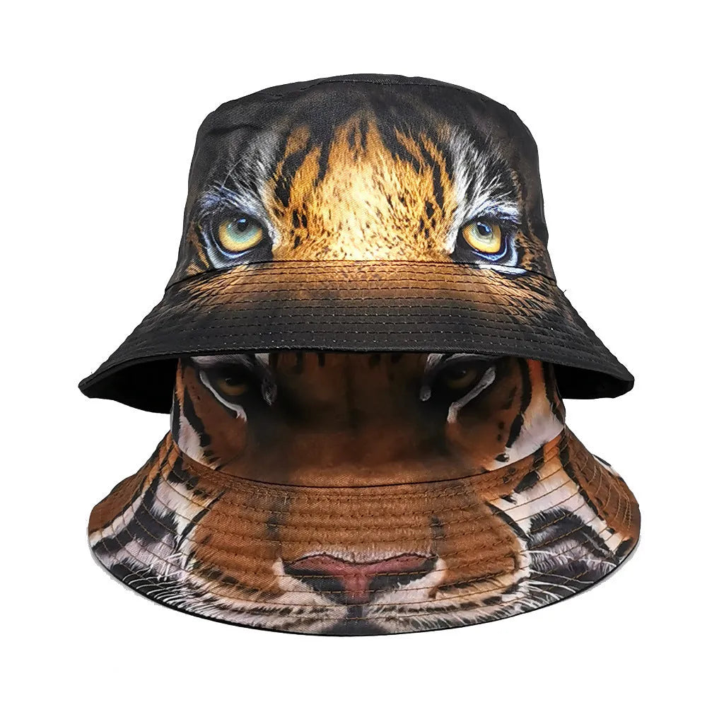 Khaki tiger pattern bucket hat with dome crown on a neutral background
