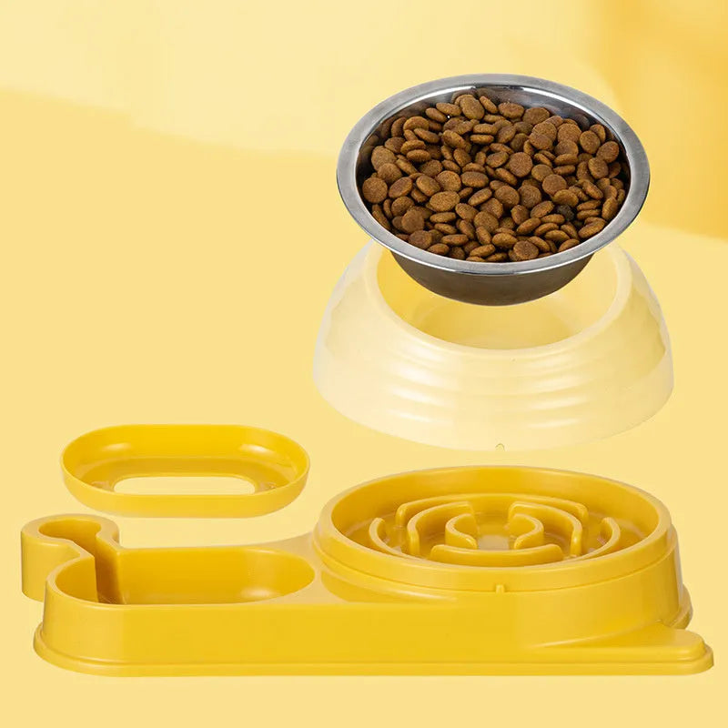 Elevated cat food bowl with water dispenser bottle in brown colour