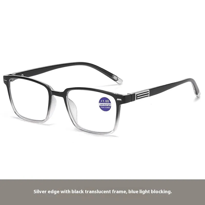 Multifocal reading glasses with anti-blue-light and colour-changing lenses in a black and silver frame.