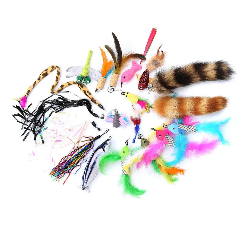 Cat feather teaser wand set showing two telescopic poles with replaceable feather attachments
