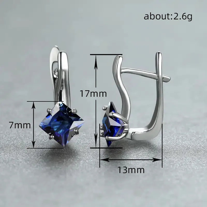 Women's copper earrings with diamond design pattern and zircon inlaid gemstones in blue, green and colour variations