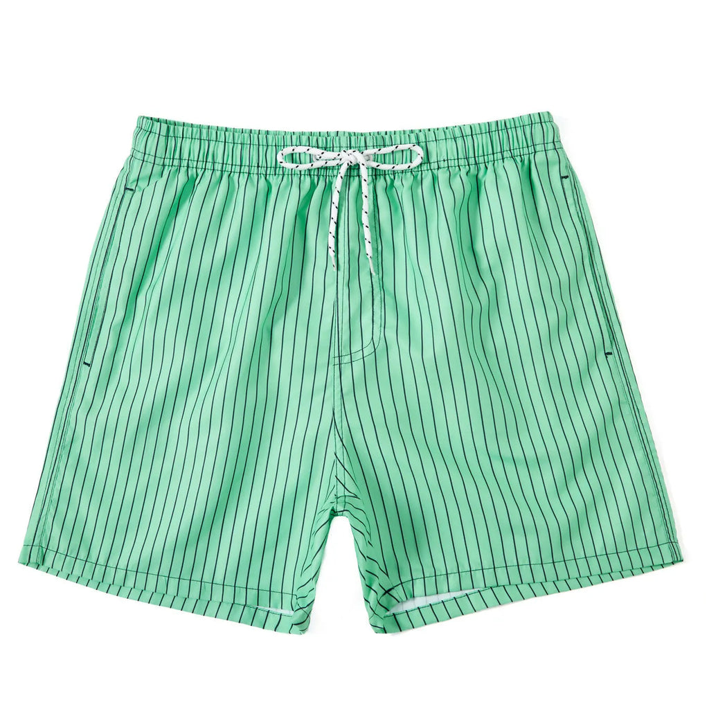 Men's striped beach shorts in navy blue, made from polyester fibre with a straight leg opening.