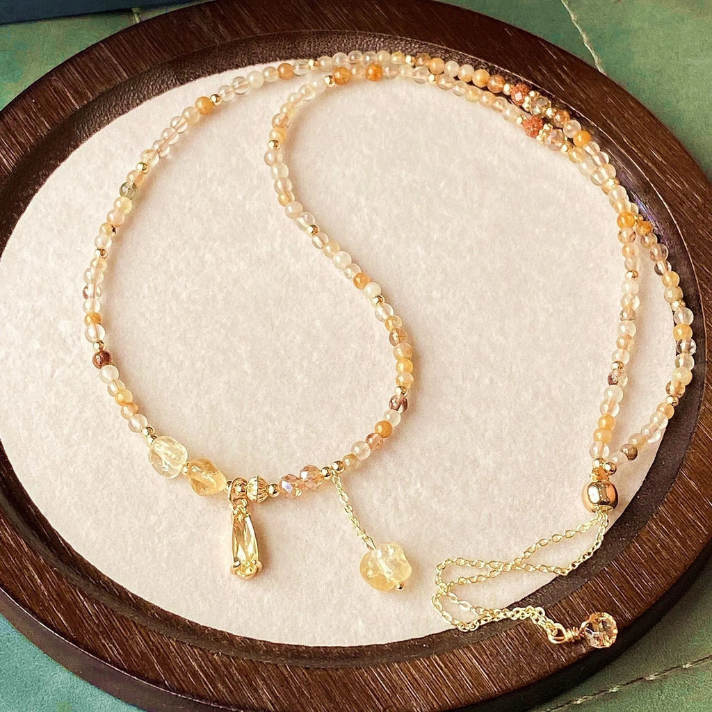 Natural citrine multi-layer hair crystal bracelet in gold electroplated finish with Saturn design element