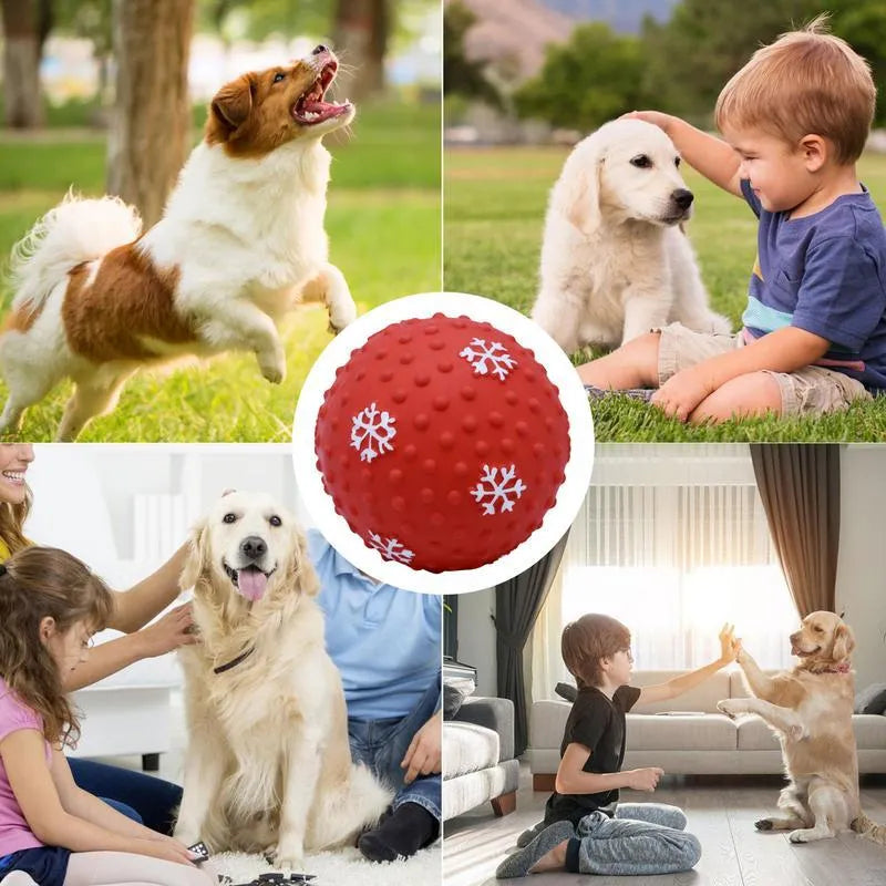 Red dog toy ball with squeaker and air vents, 7 cm diameter, floating on water