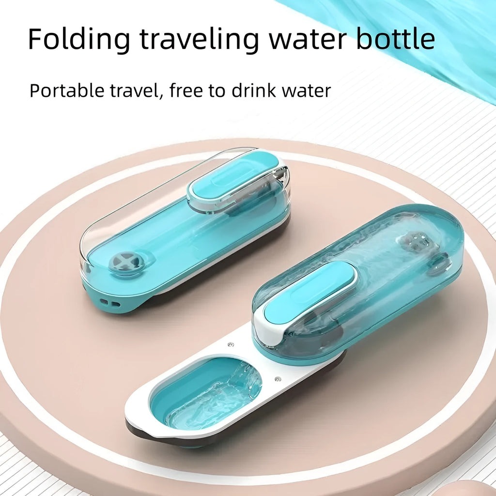 Blue portable pet water bottle with fold-out silicone drinking bowl for dogs and cats.