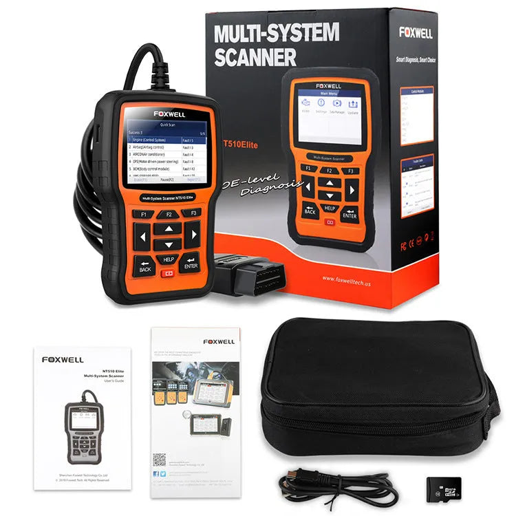 Foxwell NT510 orange and black automotive diagnostic scanner with data cable for vehicle fault detection